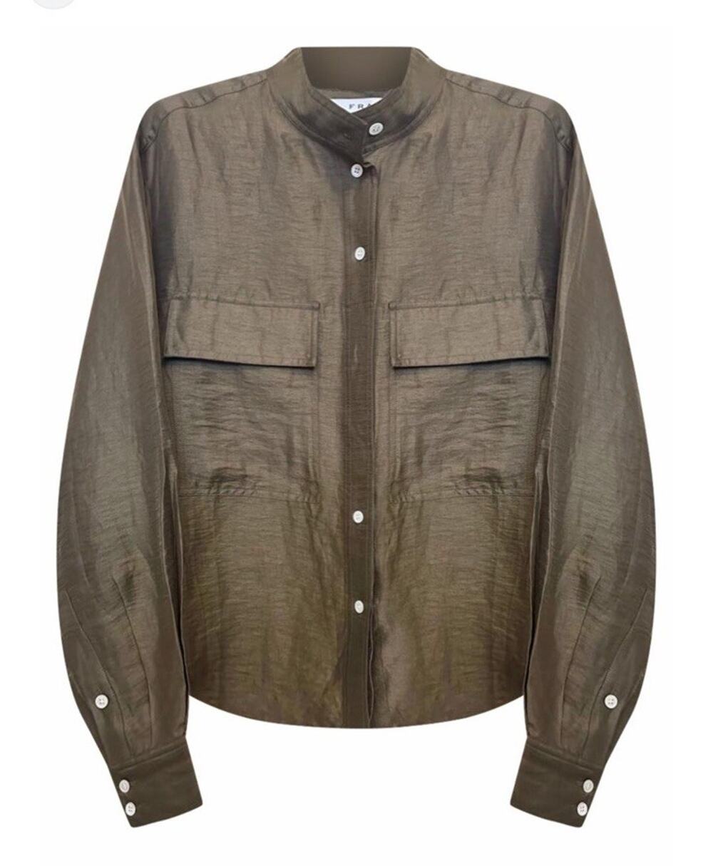 NWT FRAME Linen Band Collar Button Front Utility Shirt Olive Green Large